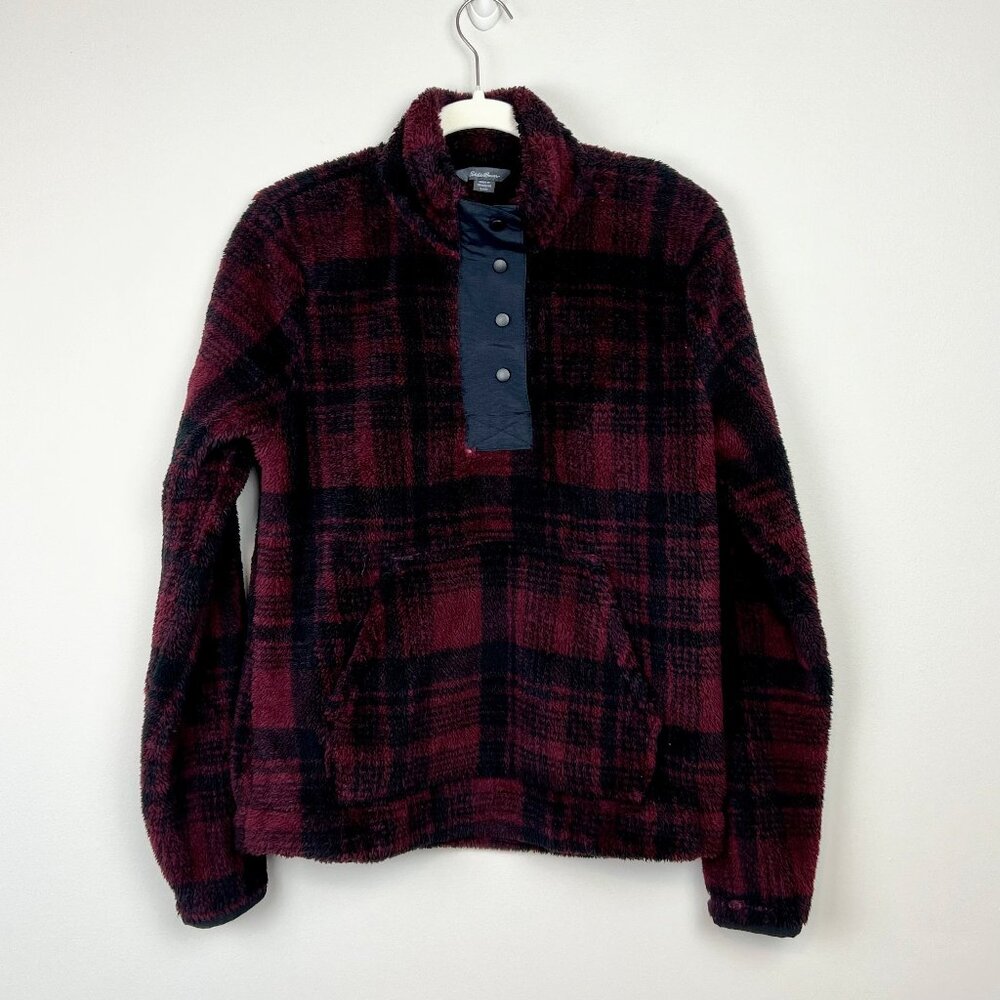 Eddie Bauer Womens Plush Fleece Mock Henley Snap Button Neck Plaid Sweater Sz Sm